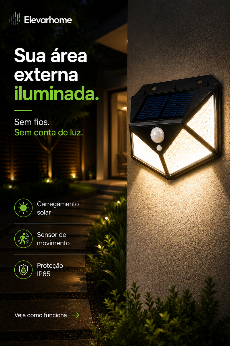 Luminária Solar de Parede com Sensor de Movimento  à Prova D’Água | ElevarHome