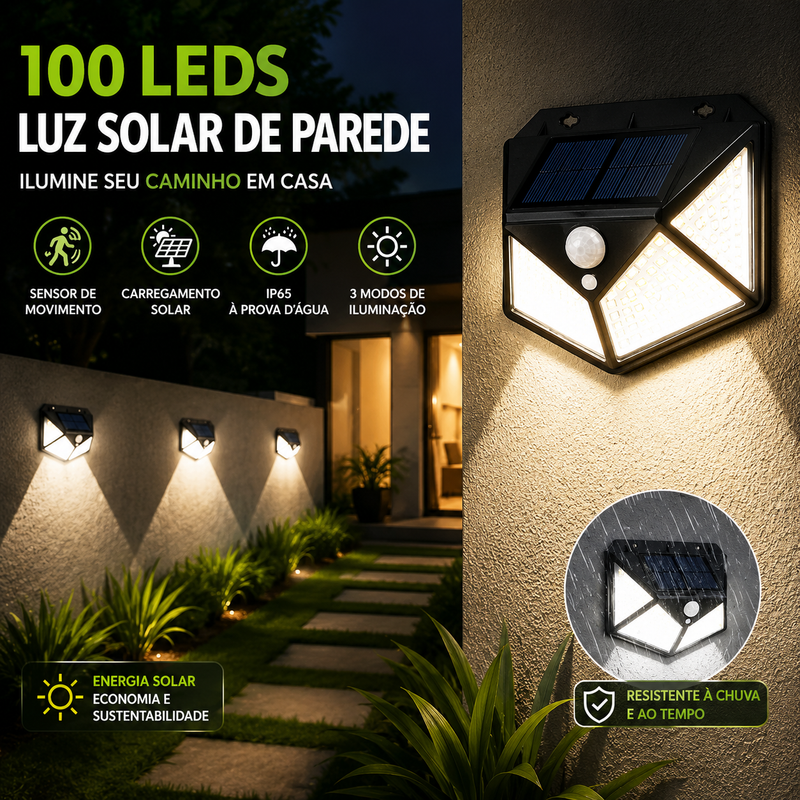 Luminária Solar 100 LEDs com Sensor de Movimento: Iluminação Externa Automática e à Prova D’Água