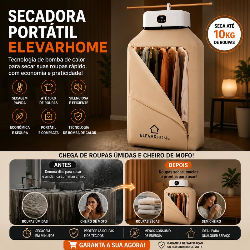 SECADORA PORTÁTIL ELEVARHOME™ | SECAGEM RÁPIDA E PRATICIDADE PARA SUA ROTINA
