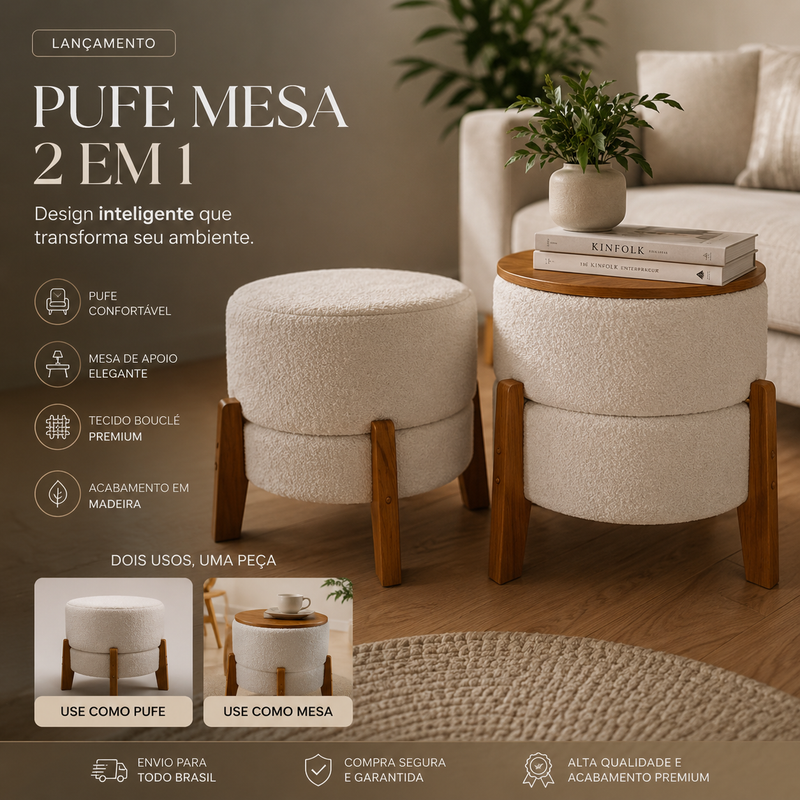 Pufe Mesa 2 em 1 Bouclé Premium com Tampo Reversível